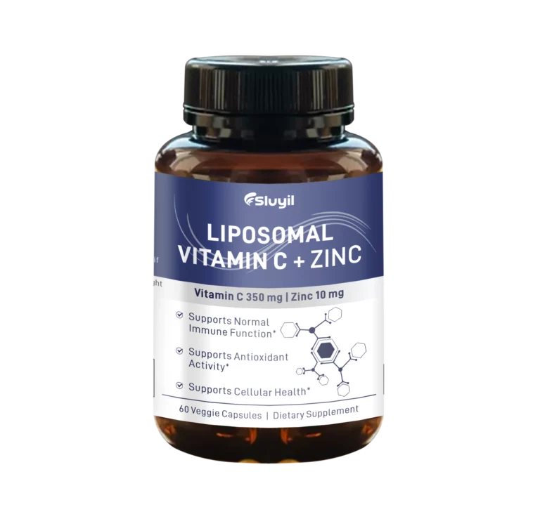 Bottle of Liposomal Vitamin C and Zinc Capsules with the front label visible