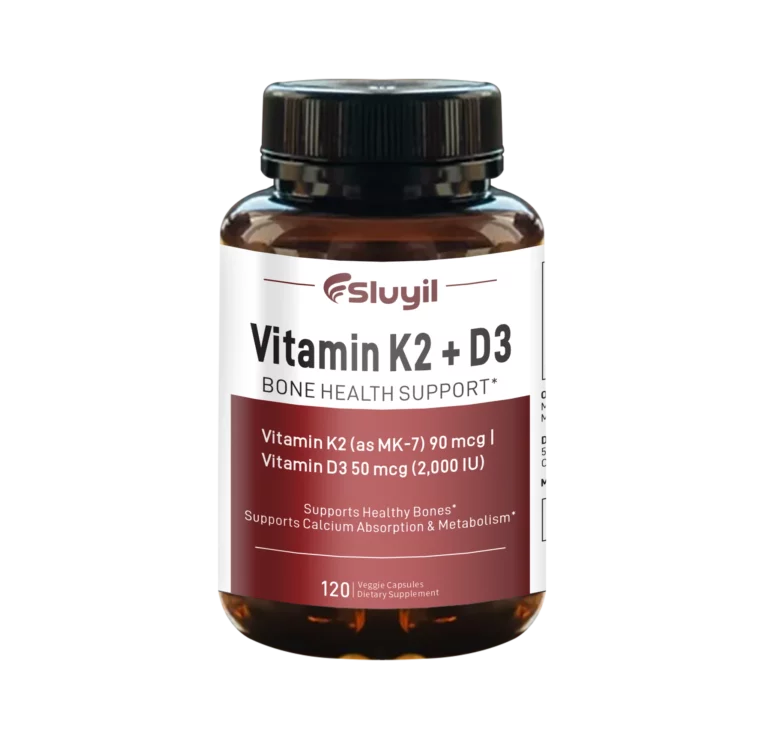 Bottle of Vitamin D3 and K2 MK-7 vegetable capsules with the front label visible