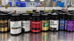 Sluyil dietary supplement bottles and finished capsule products in a manufacturing facility